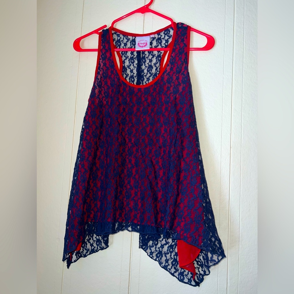 Red and blue lace razor back top